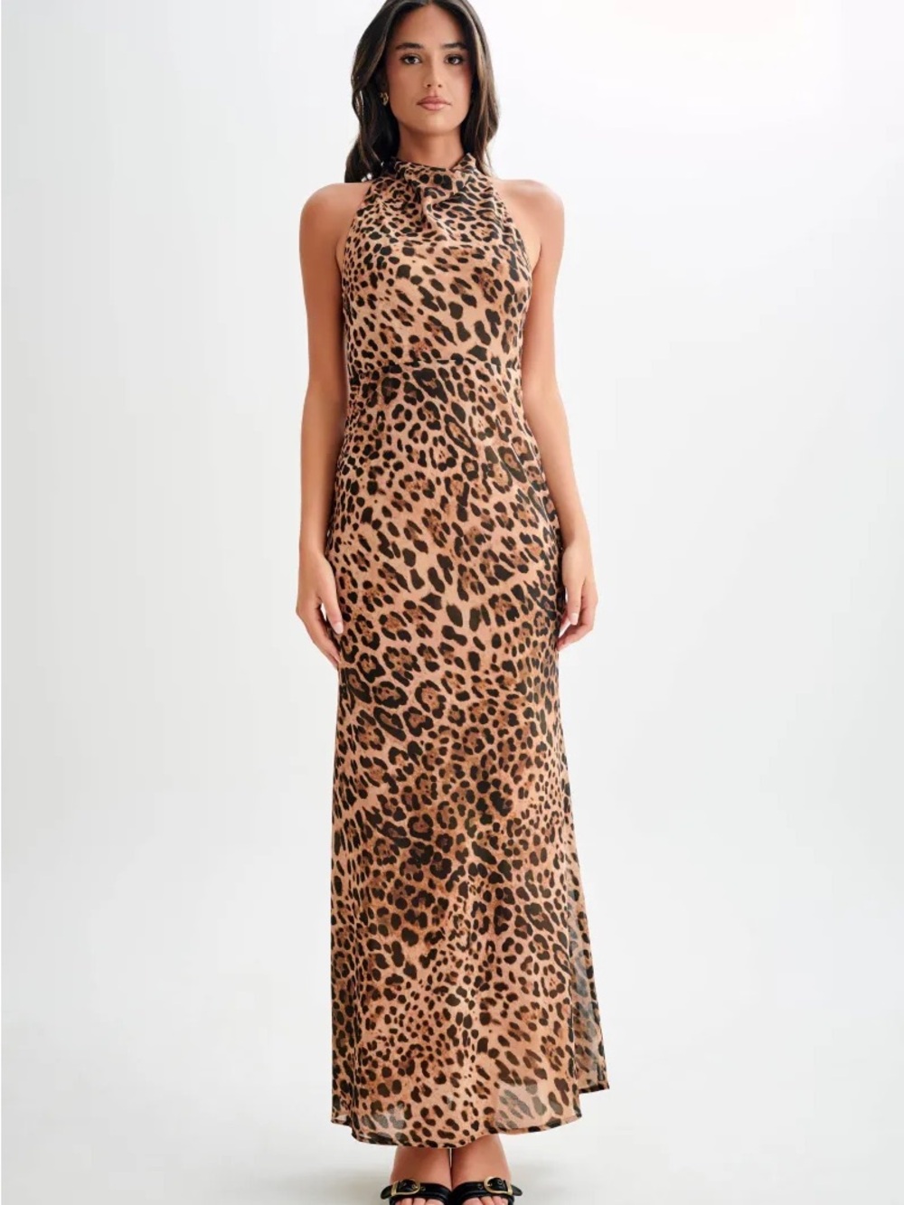 Meshki Estella Leopard Halter Maxi Dress - Brown & Black